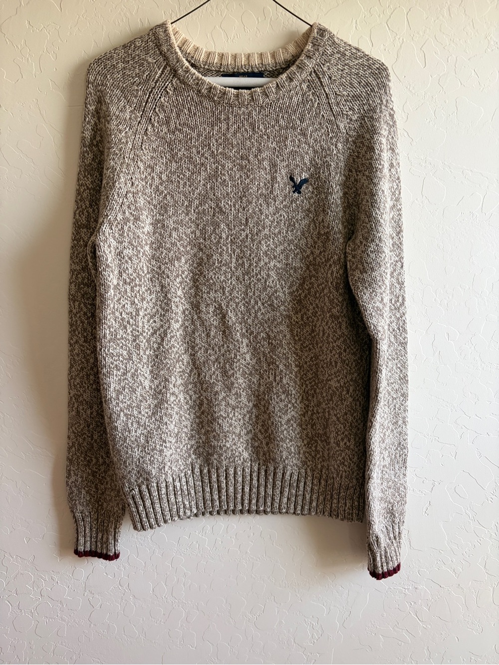American Eagle Outfitters Marled Beige Crewneck Sweater with Navy Logo